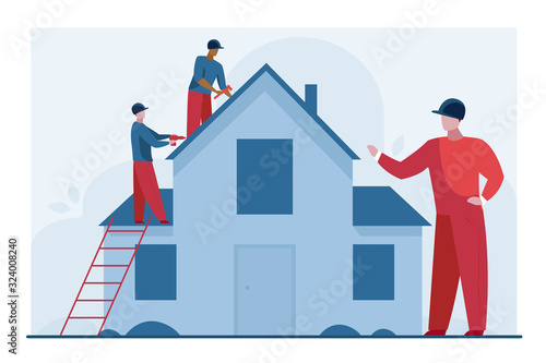 Workers repairing roof. Constructor group, roofers, foreman, house flat vector illustration. Renovation, housekeeping, improvement concept for banner, website design or landing web page