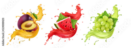 Set of fruit juice splash. White grapes, watermelon, plum Vector