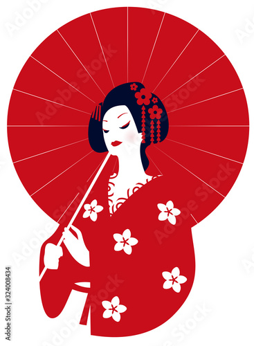 Geisha in kimono with a red umbrella in her hands. Vector illustration. Red circle as a symbol of Japan.