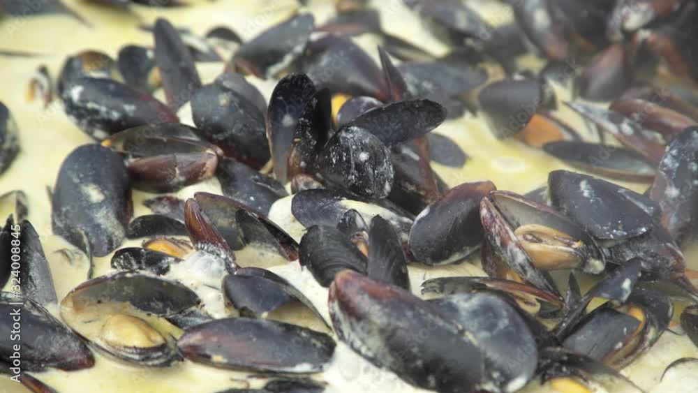mussels are prepared on the street. street food. seafood is delicious mussels are prepared on the street. street food. seafood is delicious