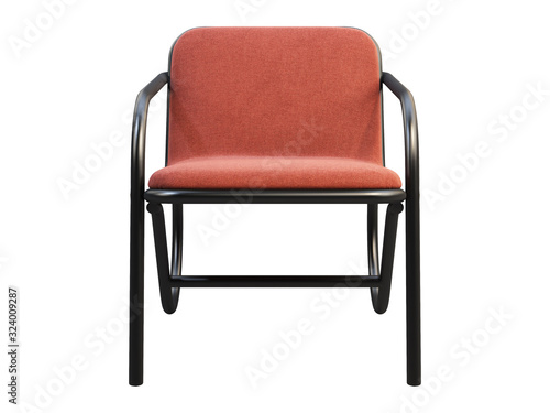 Mid-century red fabric armchair with soft seat and back. 3d render.