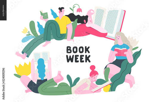 World Book Day graphics -book week events. Modern flat vector concept illustrations of reading people -young men and women reading book sitting and laying down surrounded by plants and blossom flowers
