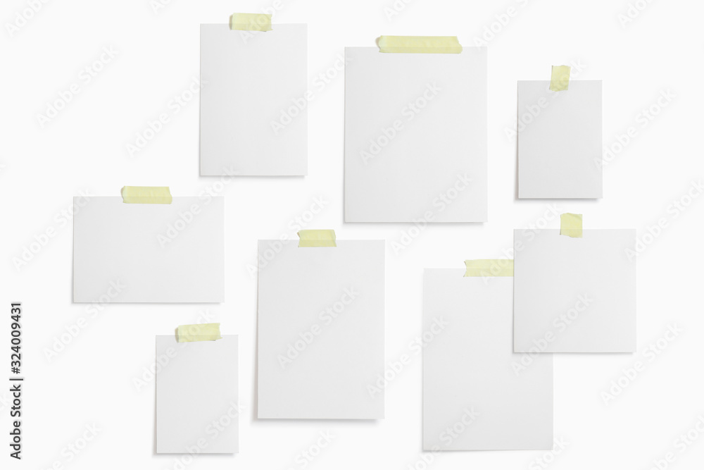 Moodboard template composition with blank photo cards, polaroid frame glued with yellow adhesive tape and isolated on white for easy editing. Moodboard template composition with blank photo cards, polaroid frame glued with yellow adhesive tape and isolated on white for easy editing.