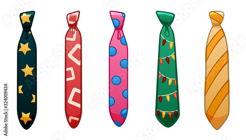 Five neckties with different patterns set on white background