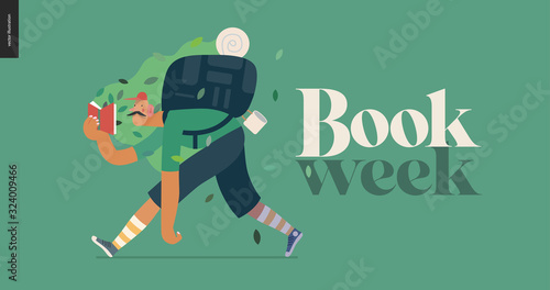 Wood design template -world Book Day graphics -book week events. Modern flat vector concept illustrations of reading people -man with mustache  cap  snickers and backpack in the forest reading a book