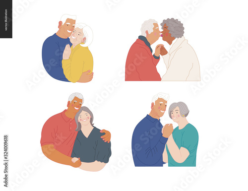 Medical insurance -senior citizen health plan -modern flat vector concept digital illustration of a happy elderly couple, standing embraced together holding their hands. Medical insurance plan.