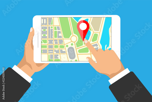Hands holds tablet with map navigation on a screen. GPS navigator with red pinpoint. City map with point markers. Vector illustration.	