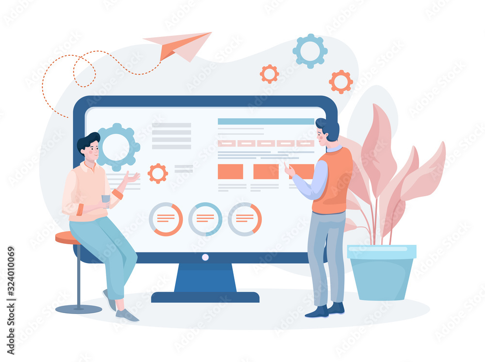 Men developing website or mobile application vector flat illustration. People building apps. Men developing website or mobile application vector flat illustration. People building apps.