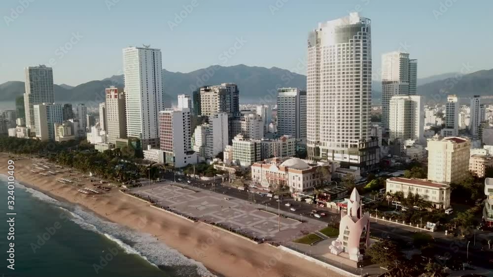 View of the city beach and skyscrapers of Nha Trang, from the height of the building View of the city beach and skyscrapers of Nha Trang, from the height of the building