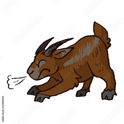 Cute funny angry brown billy goat about to charge in naive style vector clipart. Alpine baby goat with horns. Kawaii funny farm animal illustration. Isolated livestock doodle. EPS 10. 