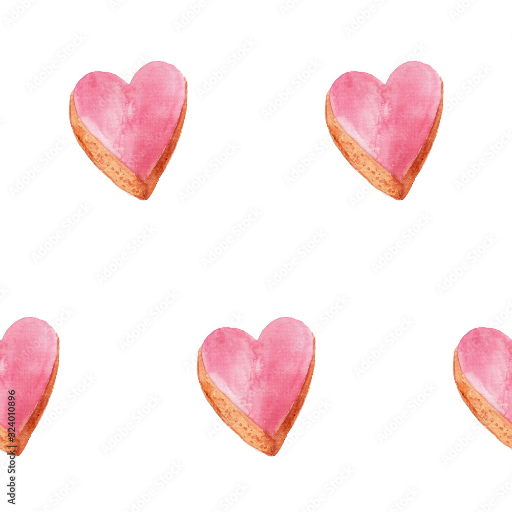 Watercolor seamless pattern with heart pink cookies isolated on white. Design for textile, fabric, wrapping, valentine's, kids, scrapbooking.