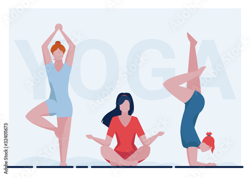 Female yogi group. Women in fitness apparel practicing yoga flat vector illustration. Meditation, activity, body training concept for banner, website design or landing web page