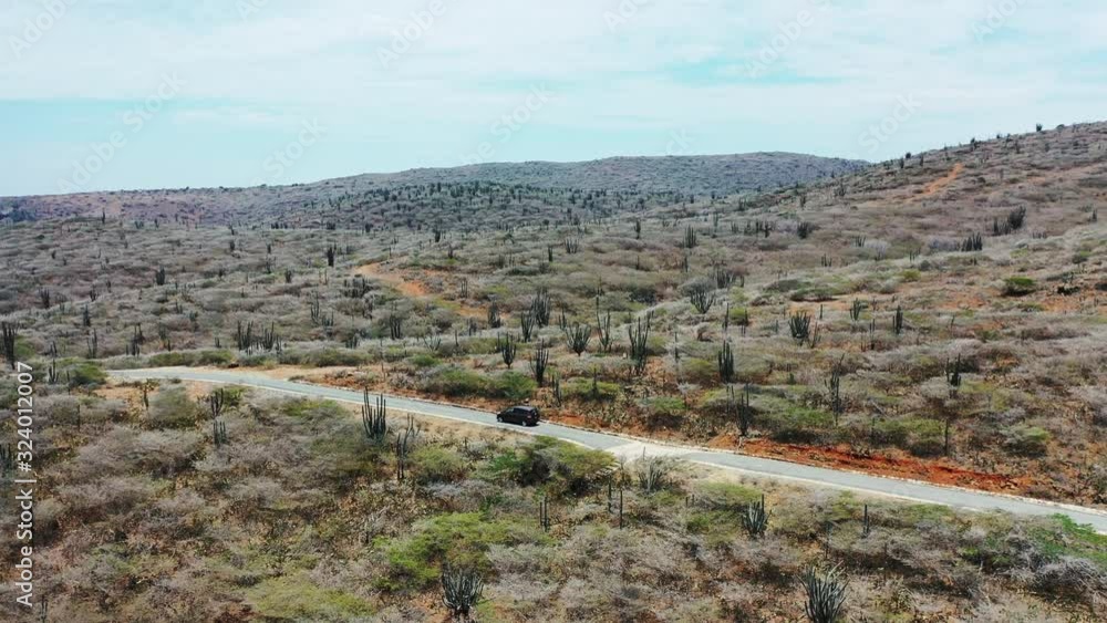 Aerial View amazing stone desert landscape and blue sky. Car rides through the desert