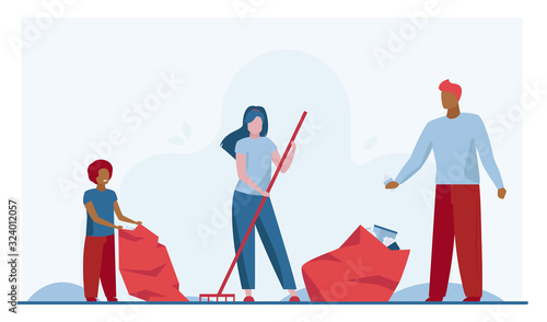 Family collecting garbage outdoors. Couple with kid cleaning lawn from trash flat vector illustration. Volunteering, cleaning, nature concept for banner, website design or landing web page