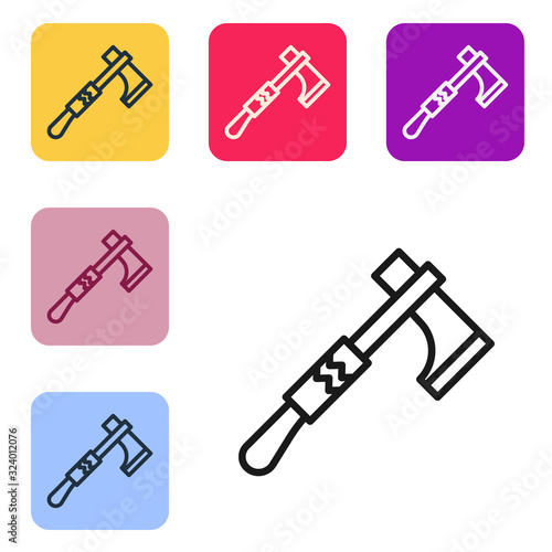 Black line Native american tomahawk axe icon isolated on white background. Set icons in color square buttons. Vector Illustration