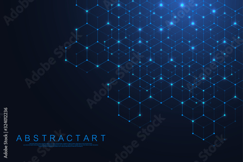 Technology abstract lines and dots connect background with hexagons. Hexagons connection digital data and big data concept. Hex digital data visualization. Vector illustration.