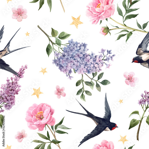 Beautiful vector gentle spring seamless floral pattern with watercolor anemone, lilac, peony flowers and swallow birds. Stock illustration.