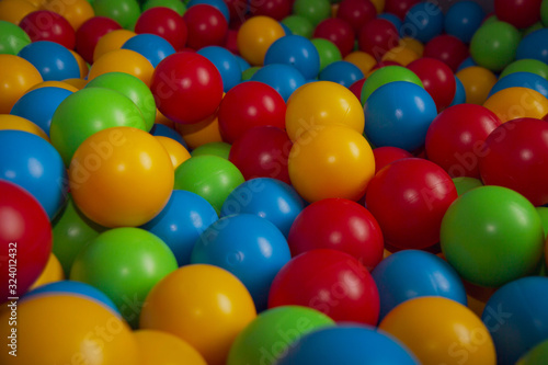 Children's playpen colorful balls. Top down view. photo