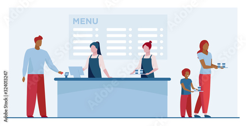 Fast food restaurant counter. Checkout, cashiers, menu, customers with trays flat vector illustration. Cafe, diner, eating concept for banner, website design or landing web page