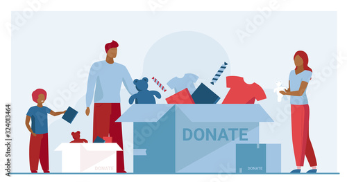 Family packing donation box. Clothes and toys for needy people flat vector illustration. Volunteering, charity, goodwill concept for banner, website design or landing web page