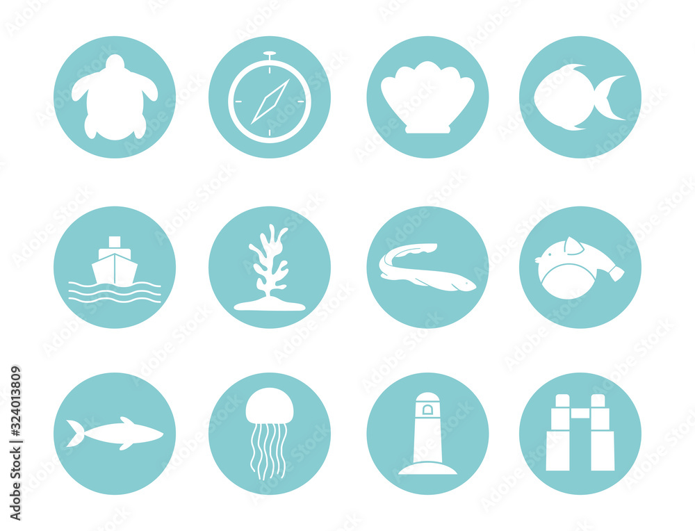 Isolated sea life block style icon set vector design Isolated sea life block style icon set vector design