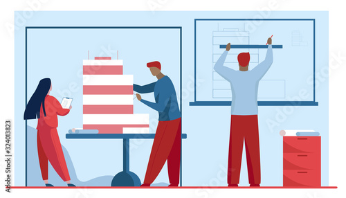 Architects working on building model. People developing blueprint and maquette flat vector illustration. Architecture, drafting, construction concept for banner, website design or landing web page
