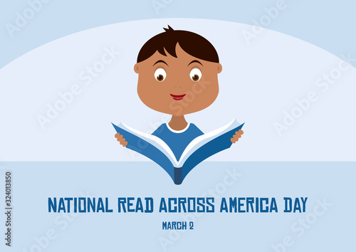 National Read Across America Day vector. Little reader with book vector. Little boy reading a book vector. Boy with book cartoon character. Student with book illustration. Important day