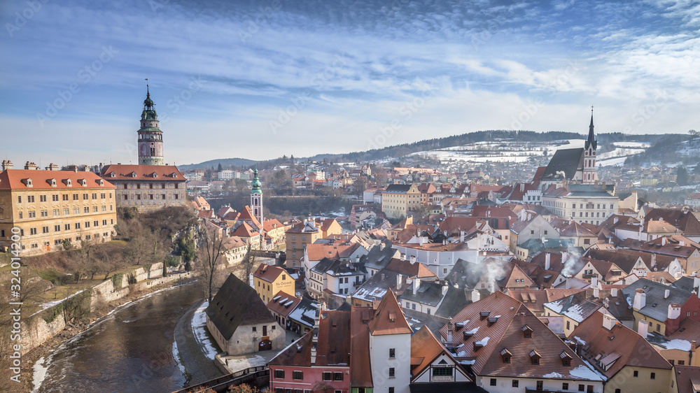 View of castle and houses in Cesky Krumlov in winter, Czech republic