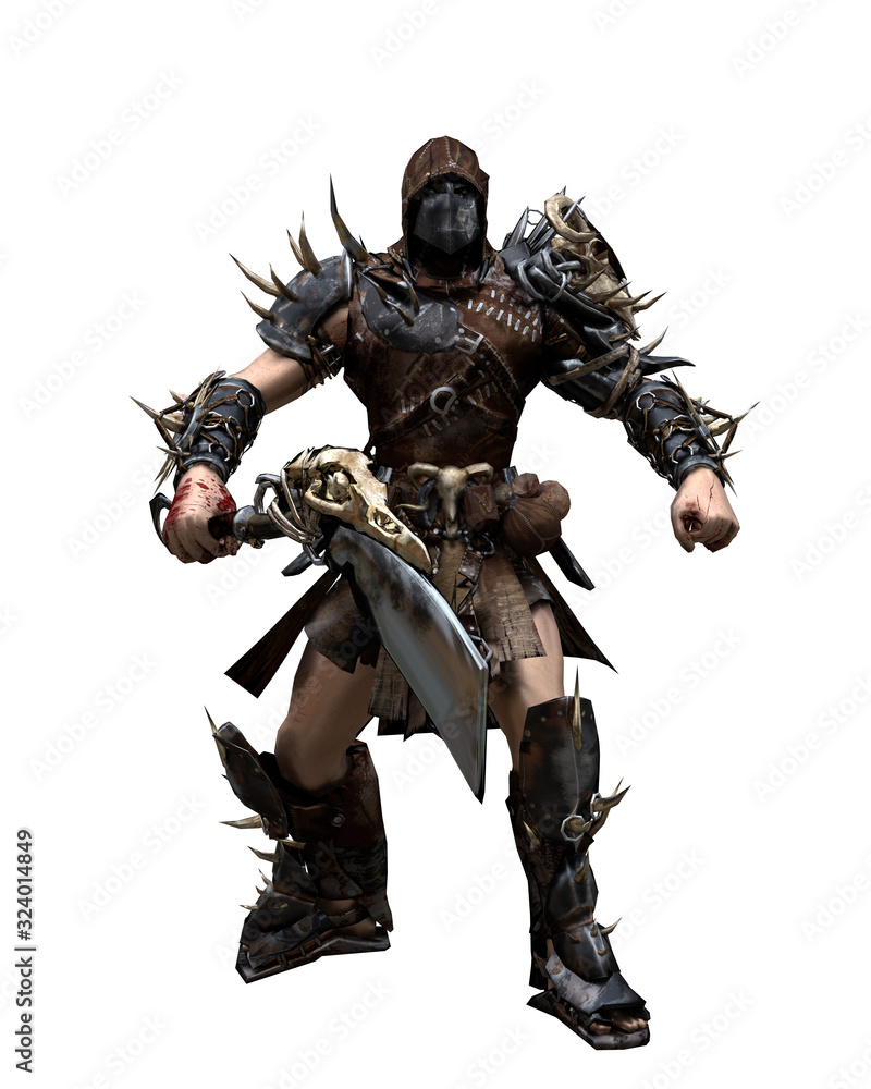 A 3D rendered images with a fictional character as a fighter or outlander with armor , nails and a sword isolated on a white background A 3D rendered images with a fictional character as a fighter or outlander with armor , nails and a sword isolated on a white background