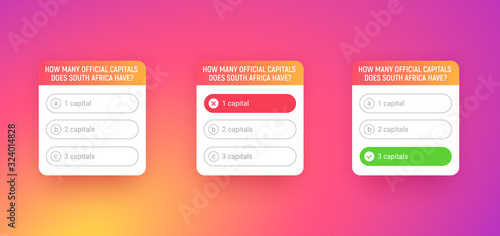 Quiz template for social media application. Poll with question options on colored gradient background. Quiz ui interface with buttons. Windows with correct and wrong answers.