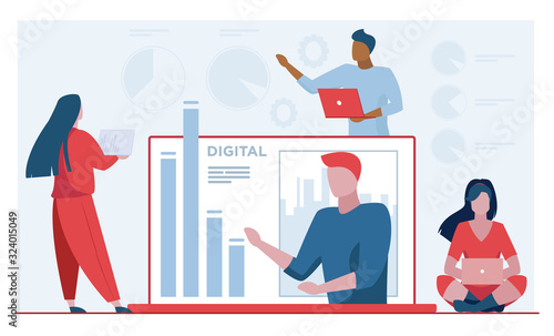 Workgroup analyzing report. Team using laptops, worker presenting bar chart flat vector illustration. Marketing, analysis, work on project concept for banner, website design or landing web page