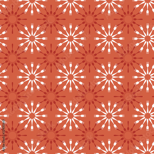 Stars made of forks seamless vector ornamental pattern in orange color. Decorative surface print design. Great for restaturant, caffeteria, kitchen and cooking themed designs.