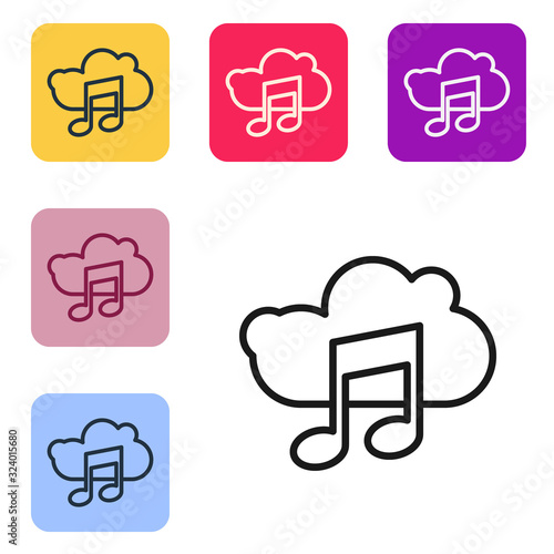 Black line Music streaming service icon isolated on white background. Sound cloud computing, online media streaming, song, audio wave. Set icons in color square buttons. Vector Illustration