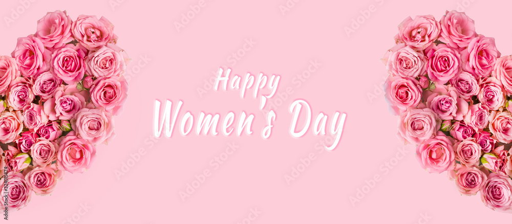 Women's day romantic greeting card. Composition with a heart of pink roses on a pink background.Mothers day. 8 Marth. Banner for advertising store, website, posters, advertising, coupons.