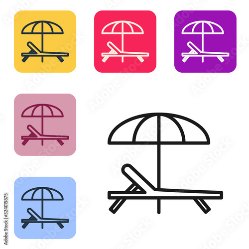 Black line Sunbed icon isolated on white background. Beach umbrella and Sun lounger. Set icons in color square buttons. Vector Illustration