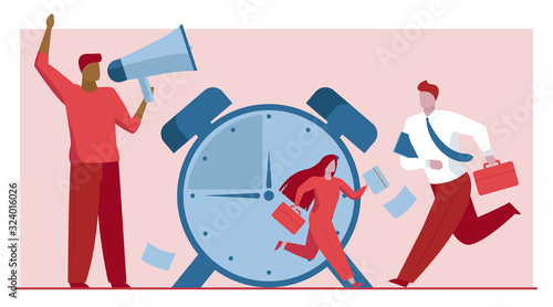 Employees with briefcases running. Alarm clock, hurry, manager shouting at megaphone flat vector illustration. Time management, deadline concept for banner, website design or landing web page © PCH.Vector