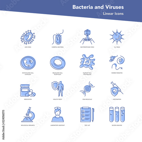 Vector color set of linear icons - Bacteria and viruses