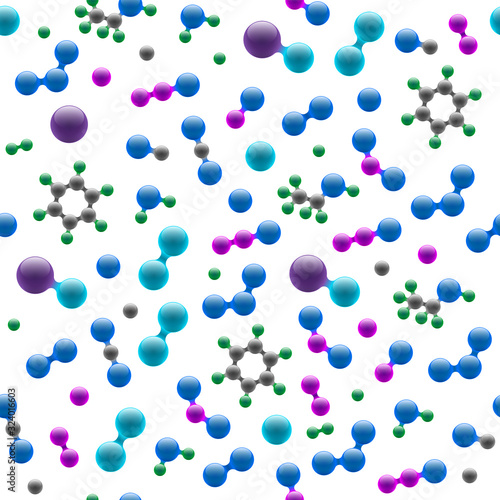 Chemistry atomic molecular 3d structure seamless pattern. Abstract design concept for science biotechnology chemical industry. Vector atoms and molecules texture background