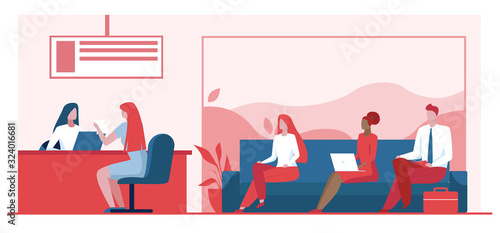 Bank worker providing service to customers. People in bank office sitting in line flat vector illustration. Banking services, customer support concept for banner, website design or landing web page