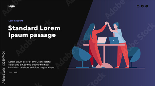 Business colleagues celebrating success. Women with laptops giving high five flat vector illustration. Triumph, teamwork, successful team concept for banner, website design or landing web page