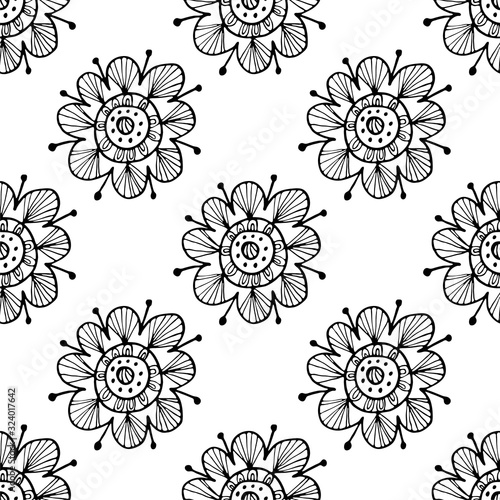 Black and white floral seamless pattern. Hand drawing vector illustration. Flowers and leaves doodles.