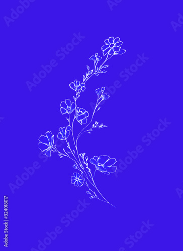 tree branch with flowers and leaves, graphic hand drawn, blossom tree on purple background. Simple pencil art.