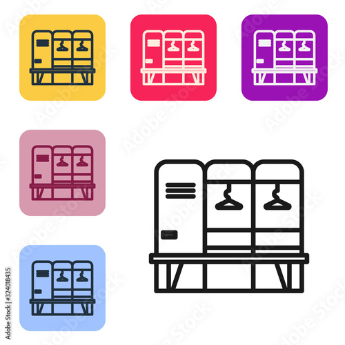 Black line Locker or changing room for hockey, football, basketball team or workers icon isolated on white background. Set icons in color square buttons. Vector Illustration