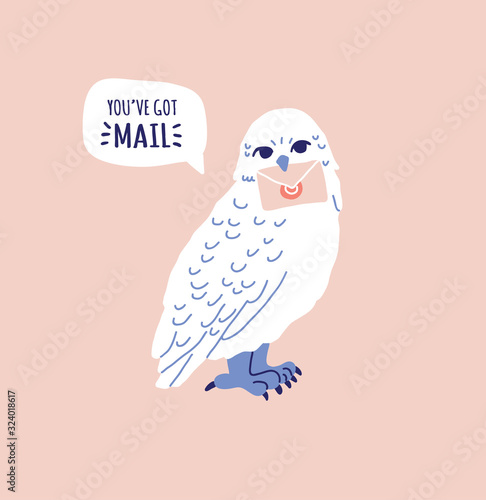 white owl holding letter in claw, speech bubble