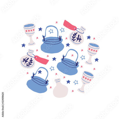 Circle illustration with pots, witch kettles