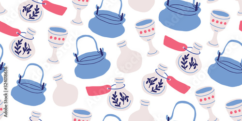 Seamless pattern with pots, witch kettles, grails