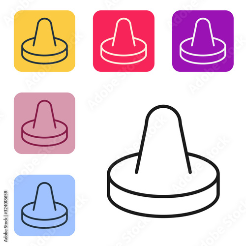 Black line Mallet and puck for playing air hockey game icon isolated on white background. Set icons in color square buttons. Vector Illustration
