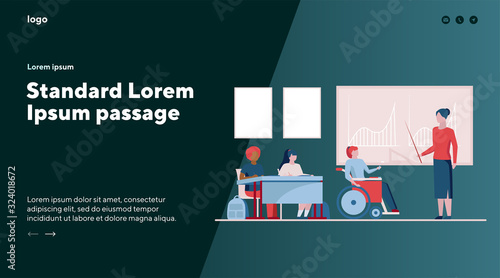 Disable student in class. Girl in wheelchair discussing graphs with teacher flat vector illustration. Education, diversity, school concept for banner, website design or landing web page