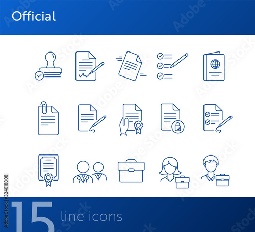 Official line icon set. Stamp, certificate, passport, consultant, businessman. Business concept. Can be used for topics like consulting, lawyer, notary