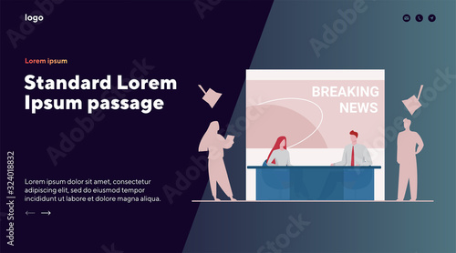 News anchors on breaking news background. Presenter, journalists, partners flat vector illustration. TV show, studio, broadcasting concept for banner, website design or landing web page